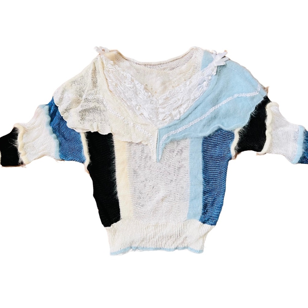 Boho Patchwork Knit | Textured Mixed Yarn Sweater | Blue & Cream | 1:1 | $45 | M